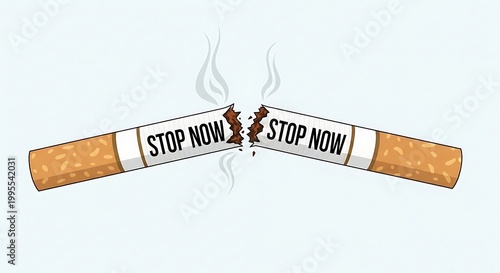 A broken cigarette with smoke and stop now labels on it lies on a surface.