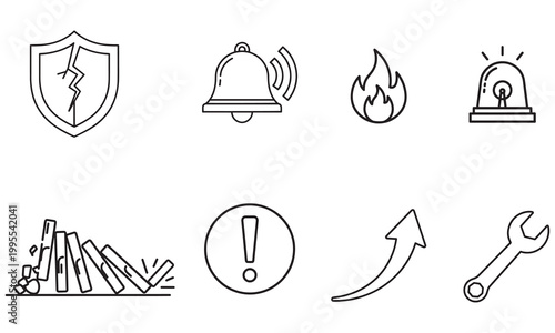 Set of danger warning icons shield cracking bell ringing fire flame siren flashing light domino effect falling exclamation mark upward arrow wrench tool.