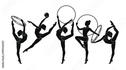 Tableau sur toile Set of silhouettes of rhythmic gymnasts with hoop and ball vector illustration o