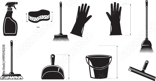 Cleaning tools and supplies in black silhouette style