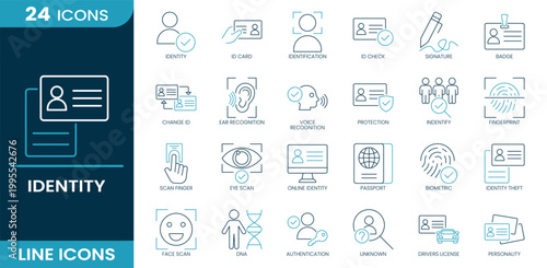 Identity icon set. Identity, identification, biometric, authentication, fingerprint, ID card, passport, security, verification. Line vector icons.