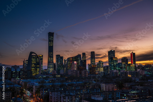 Cityscape of Beijing Central Business District (CBD) at sunset with a vibrant afterglow