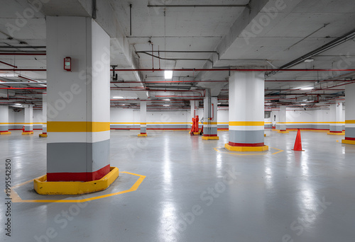 Empty underground parking garage with painted pillars and safety cones.