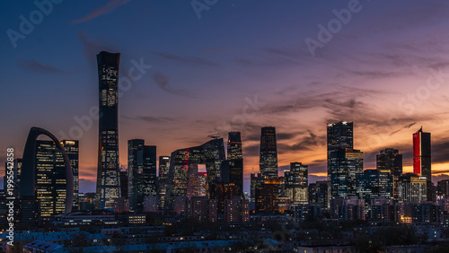 Cityscape of Beijing Central Business District (CBD) at sunset with a vibrant afterglow