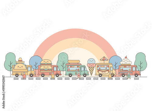 Food truck alley flat vector illustration. Street food festival with sunset background. Pastel color line art isolated on transparent background