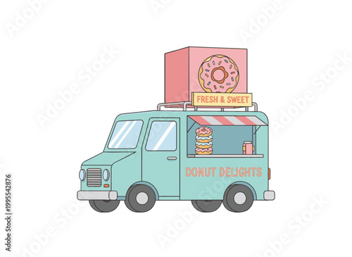 Donut food truck flat vector illustration. Sweet dessert mobile cafe with giant pink box. Pastel color line art isolated on transparent background