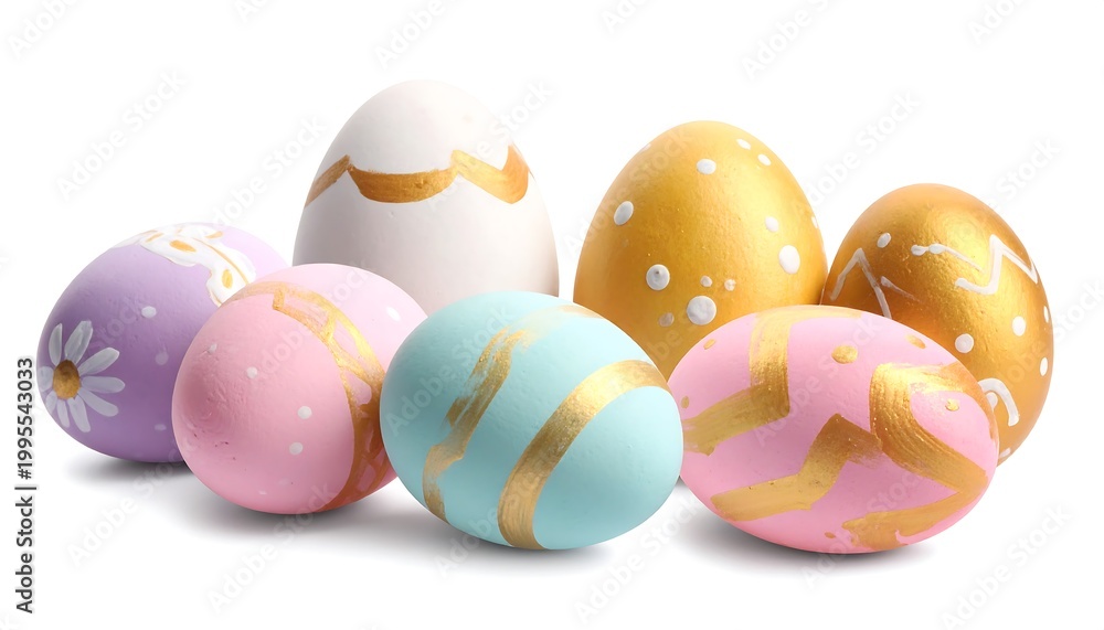 Fototapeta premium Assortment of painted eggs in pastel colors, featuring gold accents, arranged against a white backdrop