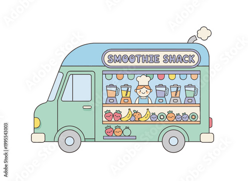 Smoothie shack food truck flat vector illustration. Fresh fruit and juice van with vendor character. Pastel color line art isolated on transparent background
