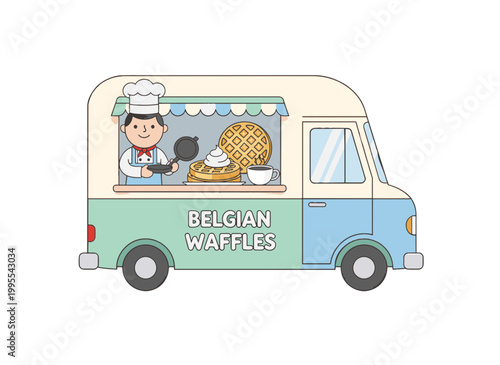 Belgian waffle food truck with chef character. Flat vector illustration in pastel colors. Street food van isolated on transparent background