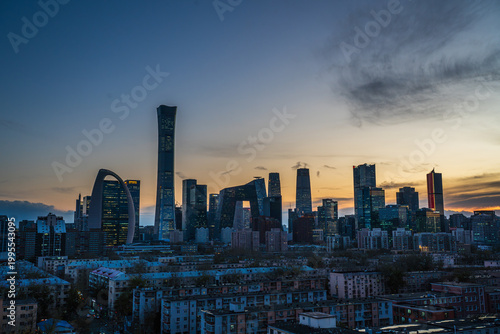 Cityscape of Beijing Central Business District (CBD) at sunset with a vibrant afterglow