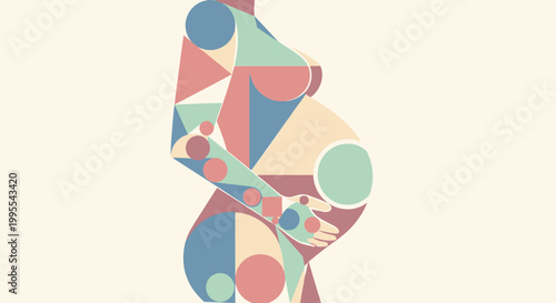 Abstract geometric illustration of a pregnant woman, depicting the beauty of maternity with a modern artistic approach, celebrating the journey of motherhood and new life