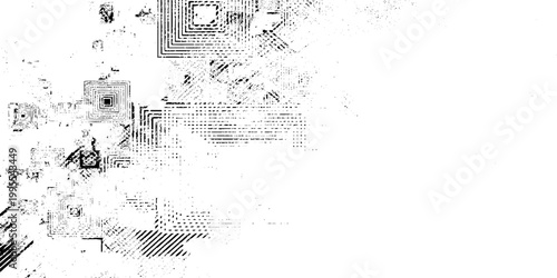 Glitchy digital noise grunge pattern with square waves and distorted signals on white background for tech design