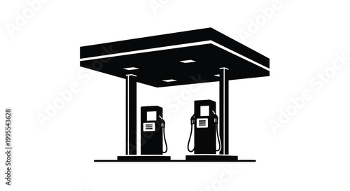 Black and white illustration of a gas station with two pumps