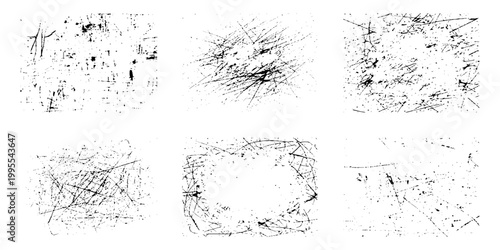 Collection of six black grunge texture set backgrounds with scratches and marks for design and decoration purposes