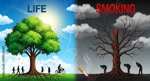 A thriving tree represents life with healthy people outdoors while a dead tree symbolizes smoking's harm.