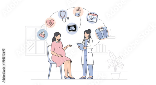Doctor consulting with a pregnant woman about her health and prenatal care, surrounded by health icons