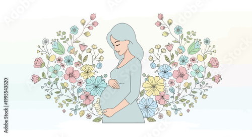 Beautiful pregnant woman embracing her baby bump surrounded by a delicate floral wreath symbolizing new life and maternal love