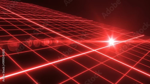 Futuristic Red Grid Landscape with Lens Flare and Glowing Lines Moving Through Digital Space