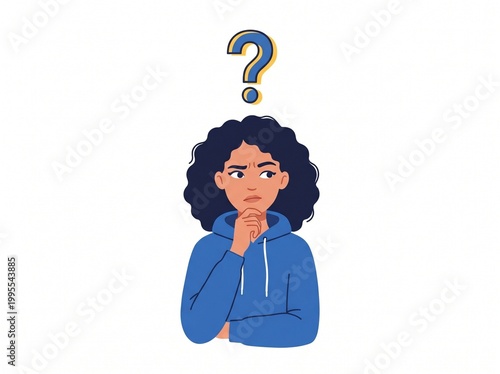 Young woman looking thoughtful with a confused expression and a question mark icon symbolizing uncertainty or problem solving. Vector isolated on white
