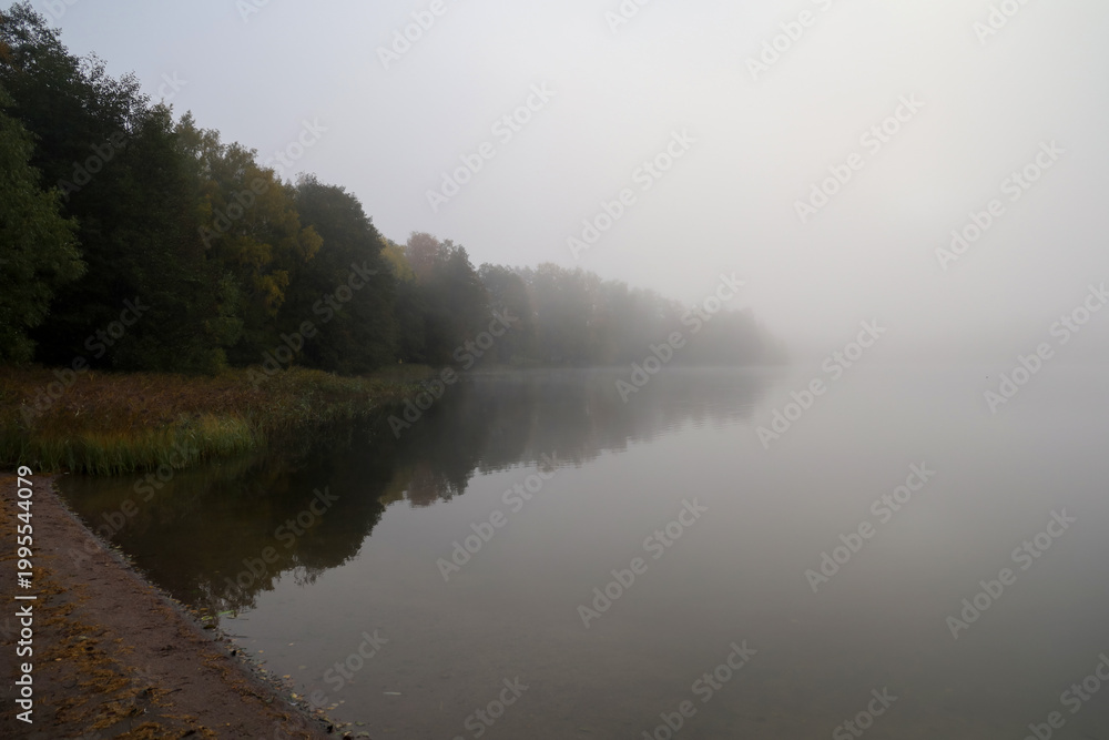 Fototapeta premium Moody autumn landscape with foggy lake and forest reflection at dawn. Calm misty morning on a river bank with trees in autumn colors. Mysterious thick fog over a quiet lake in fall season