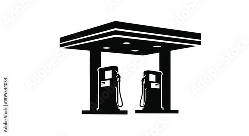 Simple black and white illustration of a gas station with two pumps