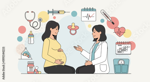 Pregnancy Care and Medical Check-up Illustration Featuring a Pregnant Woman and Doctor
