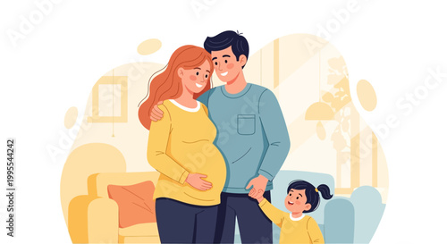 A happy pregnant couple and their young daughter are posing for a portrait in a living room, representing family, love, and new beginnings