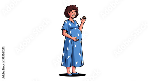 Cheerful pregnant woman character happily waving, celebrating the joyous anticipation of motherhood in a friendly cartoon illustration