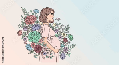 Graceful pregnant woman cradling her belly amidst a lush floral arrangement, embodying the tender journey of motherhood and the anticipation of new life