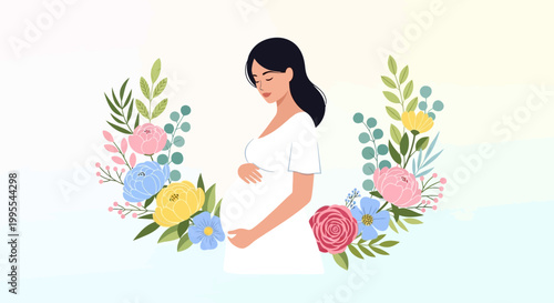 Beautiful pregnant woman surrounded by a colorful floral wreath, a symbol of new life and maternal love