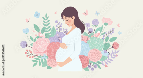 Beautiful pregnant woman embraced by a blooming garden of pastel flowers and delicate butterflies, celebrating new life