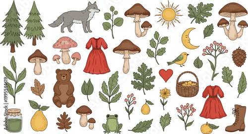 Cottagecore Forest Elements Vector Set Featuring Mushrooms, Wild Animals, Pine Trees, Autumn Leaves, Red Dresses, and Rustic Nature Illustrations for Fall Designs