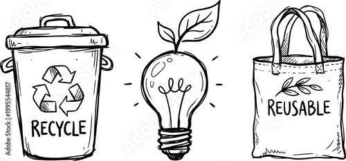 Set of eco friendly icons recycle bin light bulb for saving energy and reusable cloth bag.