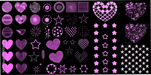 A collection of pink and purple patterned hearts stars and abstract shapes