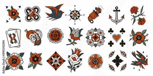Collection of traditional american tattoo flash designs on a white background