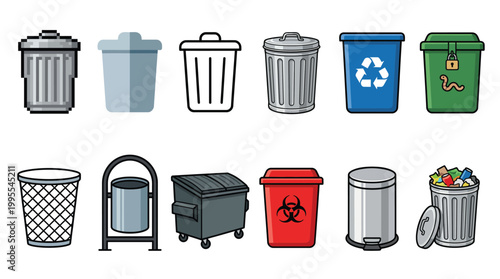 Collection of various trash cans, waste bins, and recycling containers for waste management and disposal concepts.