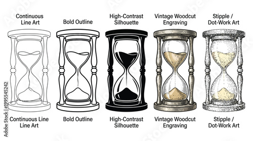 Set of five hand-drawn hourglasses in a row, showcasing different artistic styles from simple continuous line art and silhouette to detailed engraving and stippling techniques