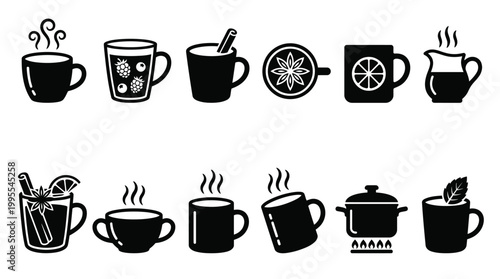 Black silhouette hot beverage icons with various steaming drinks, including coffee, tea, mulled wine, and hot chocolate, presented in a minimalist flat vector style