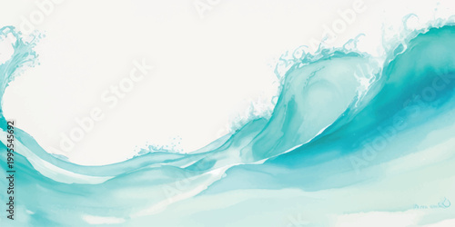 Abstract watercolor painting depicting dynamic ocean waves with splashes of turquoise and aqua blue tones in a fluid artistic style