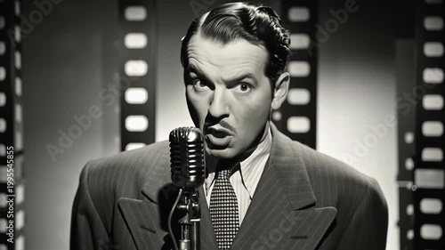 Vintage black and white photo of news anchor concept. Vintage black and white portrait of a serious man speaking into a classic microphone with film reel background
