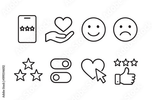 Collection of simple black line icons representing social media and ratings