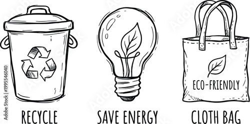 Set of eco friendly icons recycle bin light bulb for saving energy and reusable cloth bag.