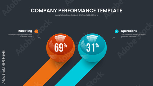 Project Innovation 2 Element Diagram Presentation Template. Business Briefing Slide Design Vector Illustration. Creative Plan Two Step Graph Slideshow Layout.