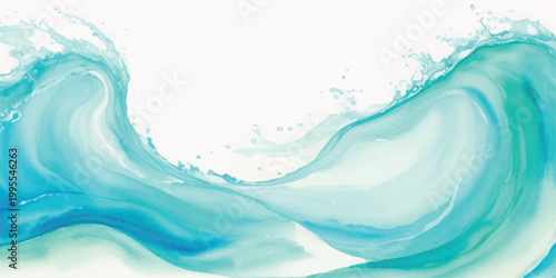 Dynamic watercolor illustration of a powerful ocean wave crashing with spray and foam captured in motion against a clean white background