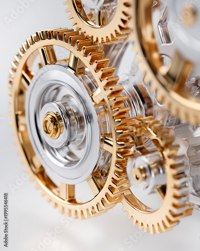 Macro photography of complex mechanical gears made of gold and silver, watch mechanism, technical conceptual art.