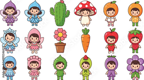 Cute Kawaii Children Vector Collection Dressed in Nature Costumes Including Fruits Vegetables Flowers Mushroom and Cactus for Kids Education Playful Graphic Design Elements