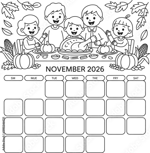 November 2026 thanksgiving family dinner coloring page calendar