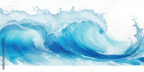 Powerful blue ocean wave crashing and splashing with white foam against a bright white background abstract painting