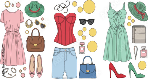 Fashionable woman summer clothing and accessories collection with elegant dresses corset denim shorts hats handbags high heels sunglasses jewelry and perfume bottles flat vector set