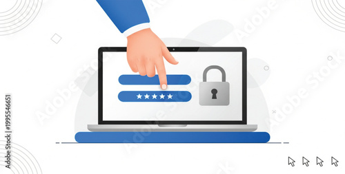 Hand Entering Password on Laptop Screen with Lock Icon for Secure Login Authentication and Cybersecurity Access Concept